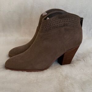 Violet & Red Jackson Lazer Cut Topline Booties In Taupe Faux Suede